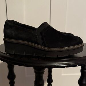 Clarks Black Suede Platform Loafers